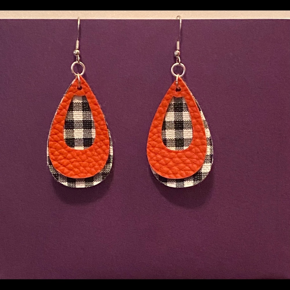 Handmade Faux Leather Orange White &Black Earrings